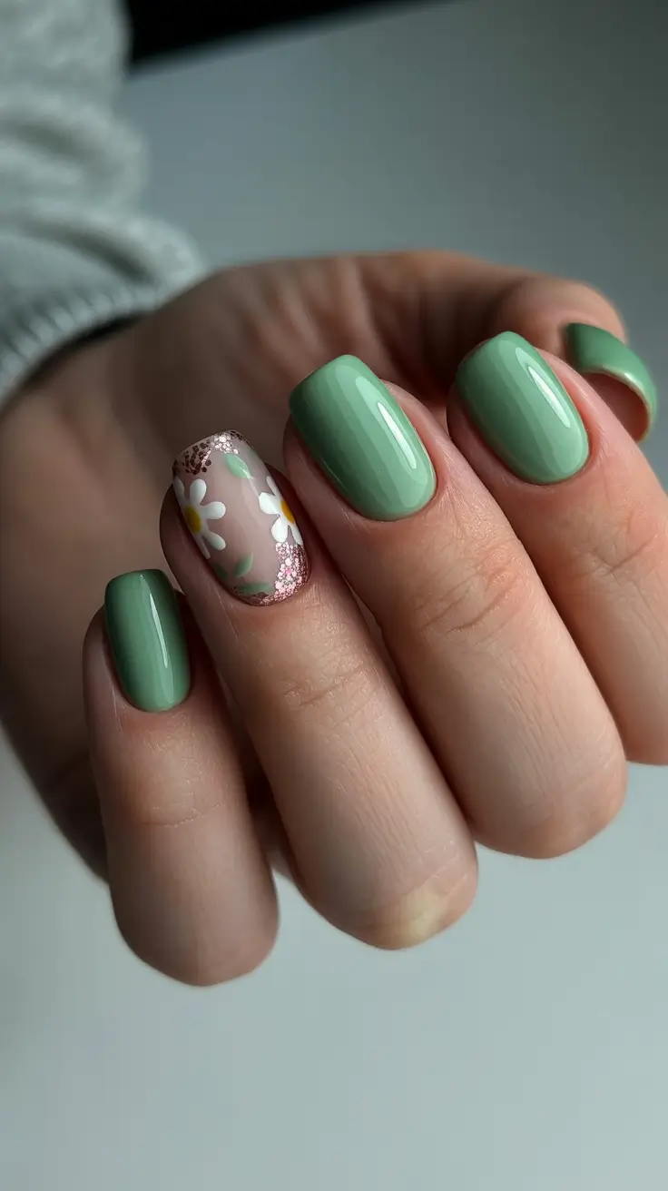stylish short nails 2026 Mint Daisy Accent Short Nails