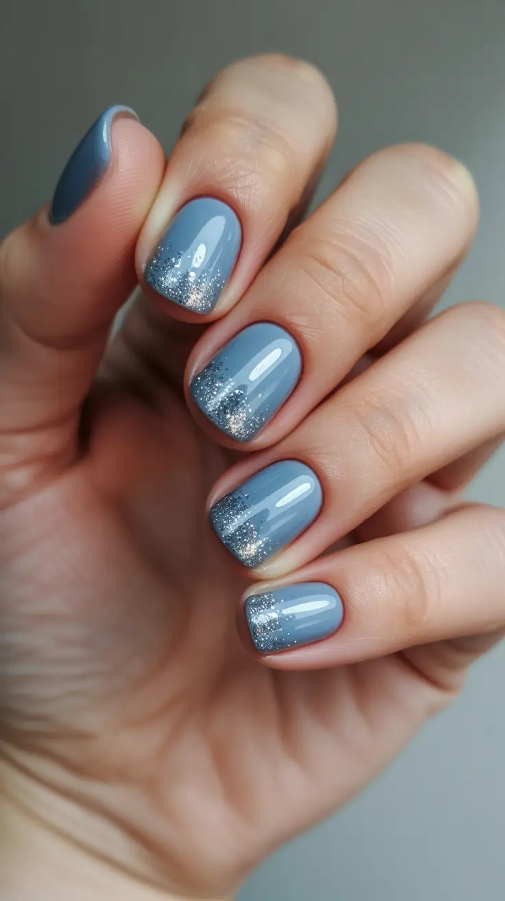 stylish short nails 2026 - Dusty Blue Glitter Tip Nails