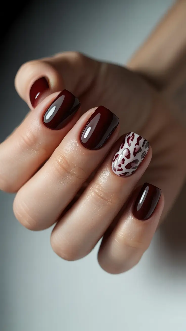 stylish short nails 2026 - Deep Wine Animal Accent Nails