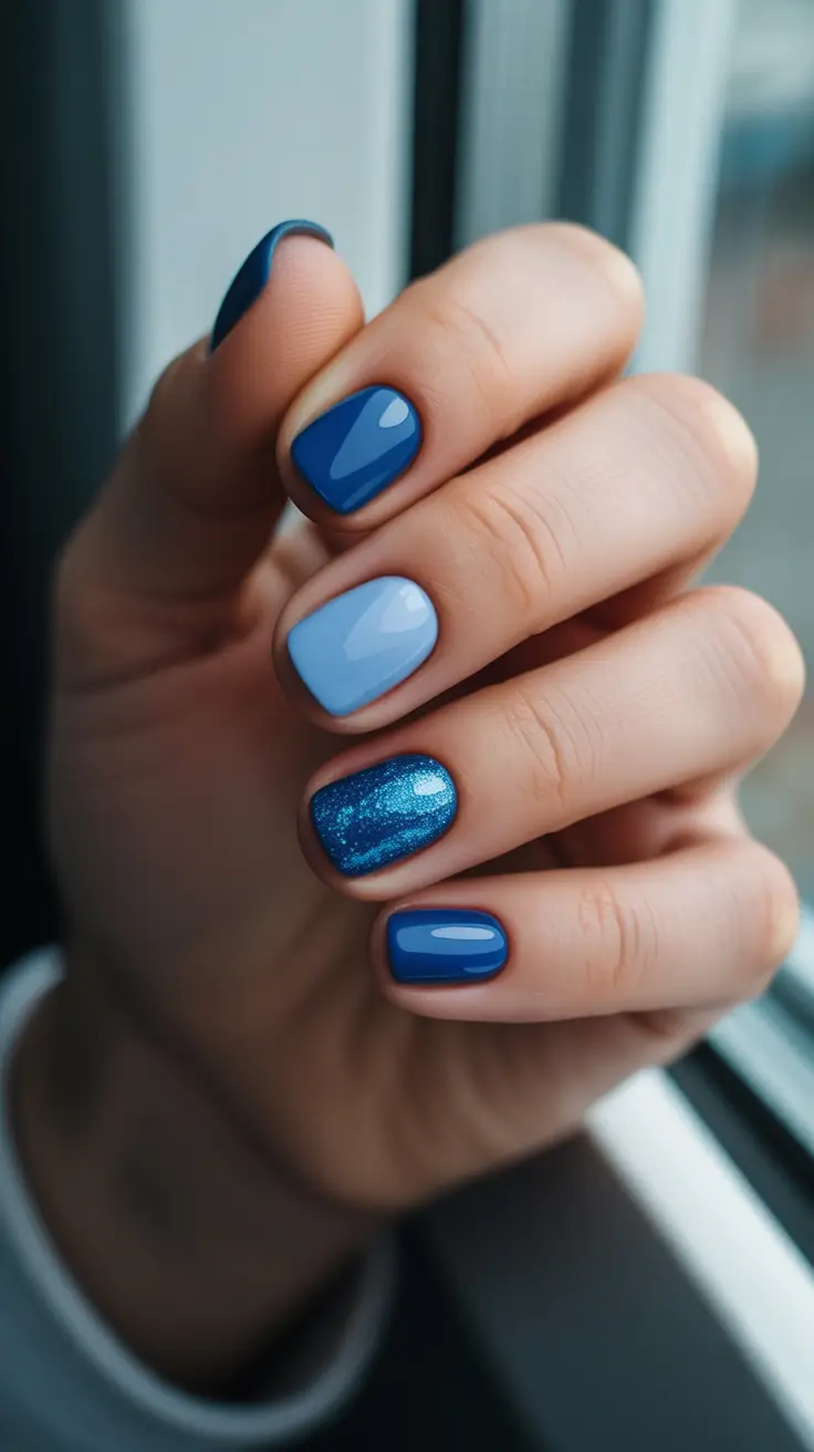 stylish short nails 2026 Midnight And Sky Blue Short Nails