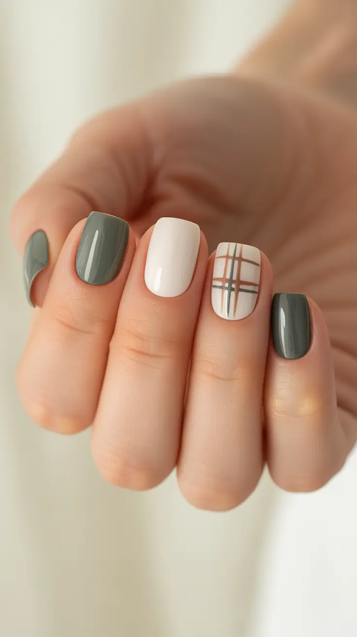stylish short nails 2026 Minimal Khaki Checkered Short Nails