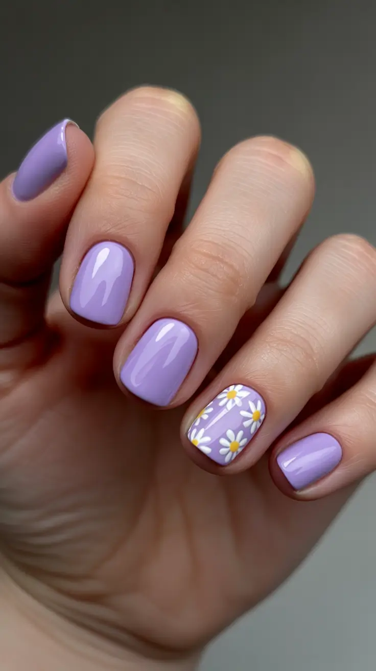stylish short nails 2026 Pastel Lilac Daisy Short Nails