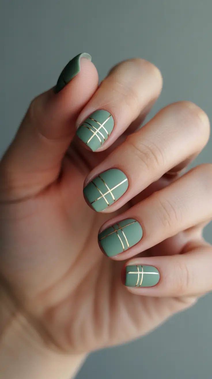 simple nail designs 2026 - Matte Sage Grid With Golden Lines