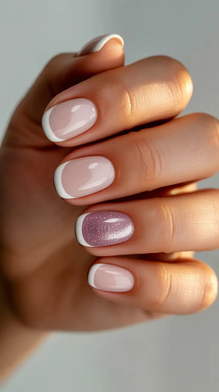 simple nail designs 2026 Soft French With Sparkling Accent Nail