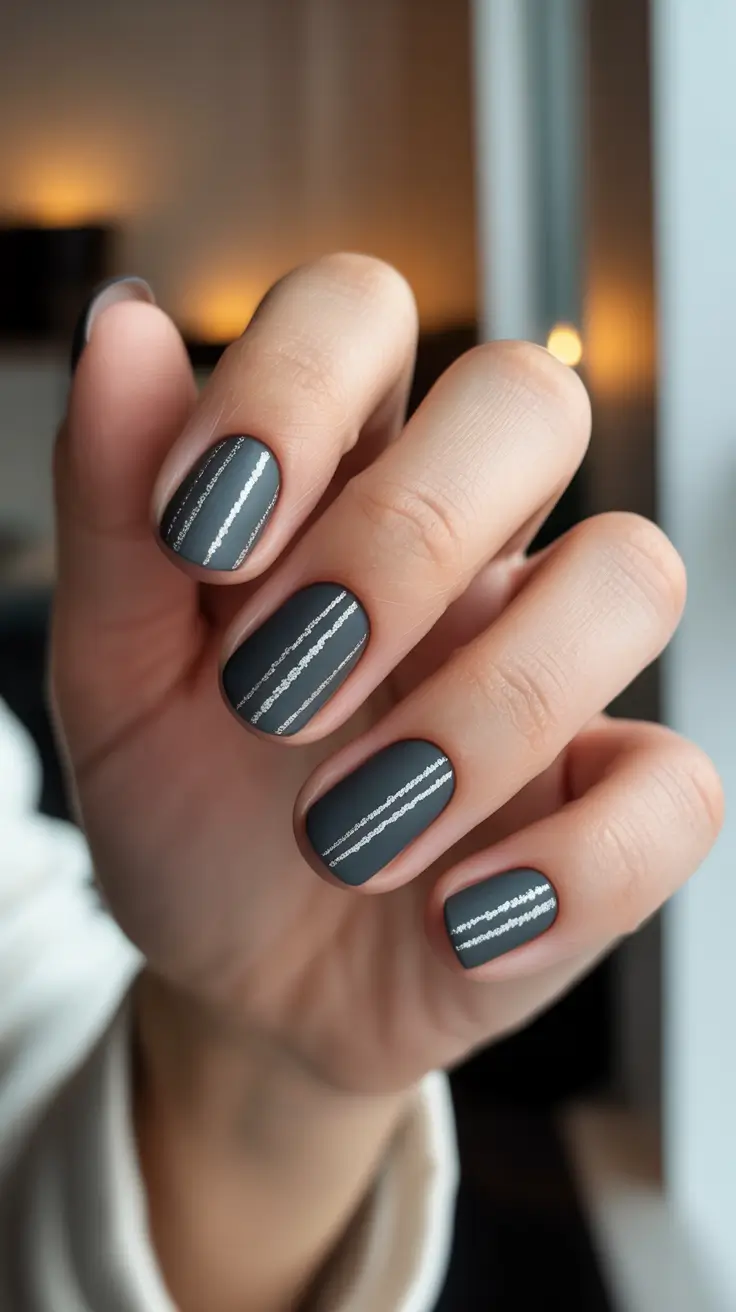 simple nail designs 2026 Matte Charcoal Stripes For Minimal Short Nails