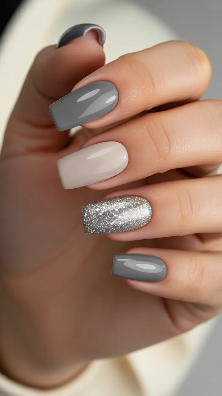 simple nail designs 2026 Cool Grey Glitter Block Square Nails