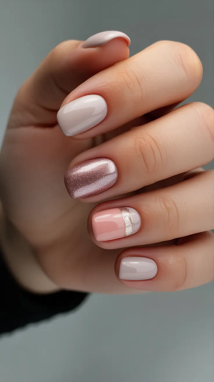 simple nail designs 2026 Soft Pink Mix With Metallic Highlights