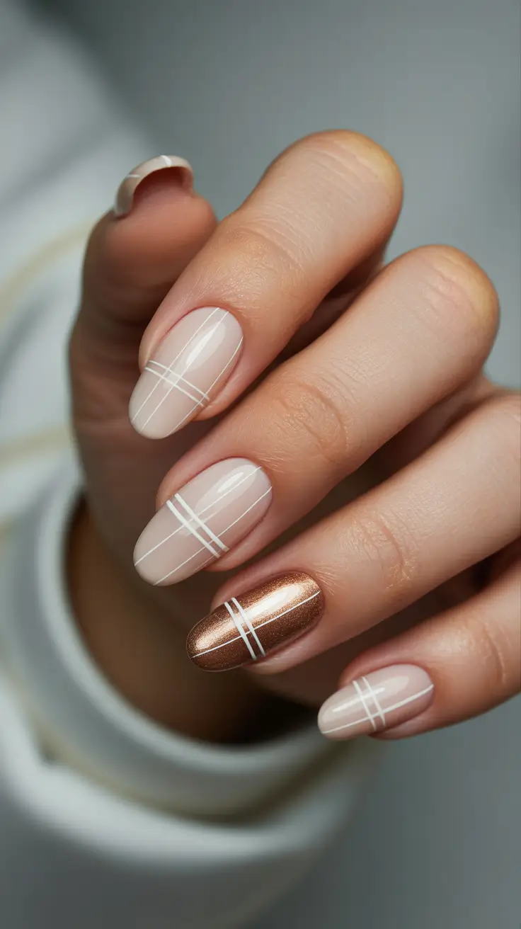 simple nail designs 2026 - Clean Nude Lines With Copper Glow