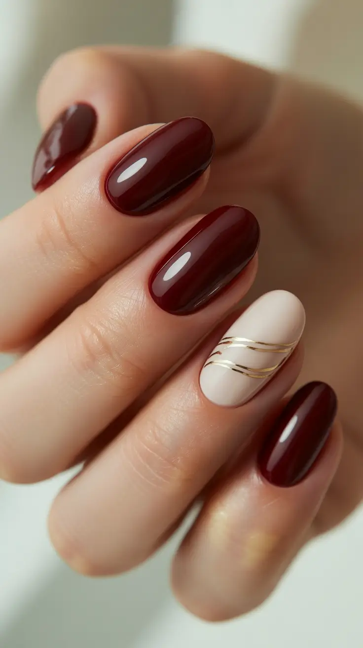 simple nail designs 2026 Cherry Almond With Minimal Gold Waves