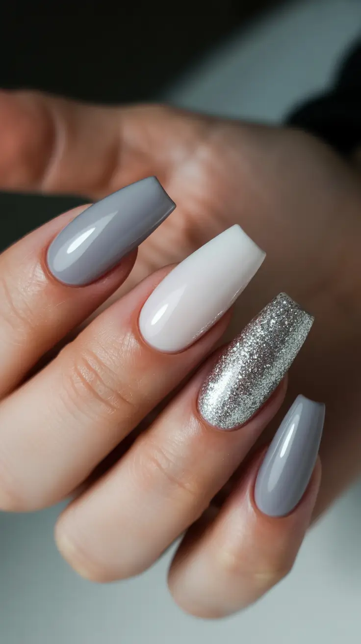 simple nail designs 2026 - Silver Sparkle Coffin In Cool Neutrals