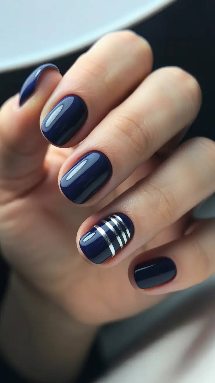 simple nail designs 2026 - Midnight Navy Stripes On Short Nails