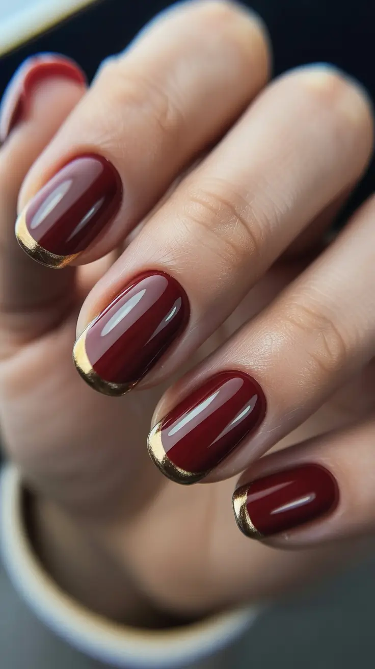 simple nail designs 2026 Red And Gold Micro French Tips