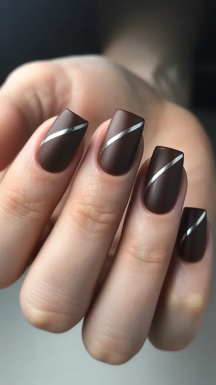 simple nail designs 2026 Matte Mocha With Sleek Silver Slash