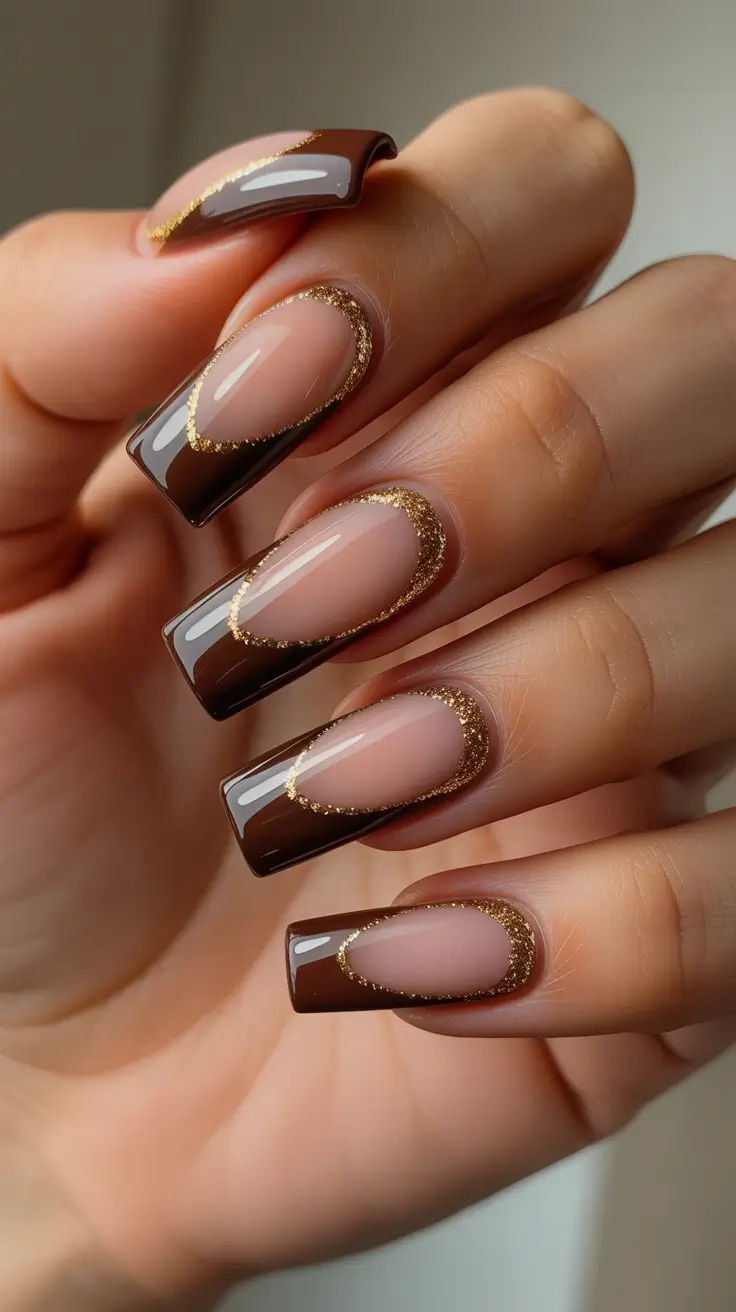 simple nail designs 2026 Glazed Brown French With Golden Halo