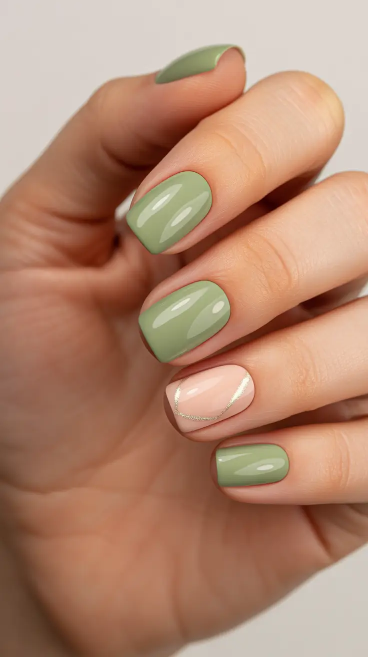 simple nail designs 2026 - Sage Green And Gold Accent Chic