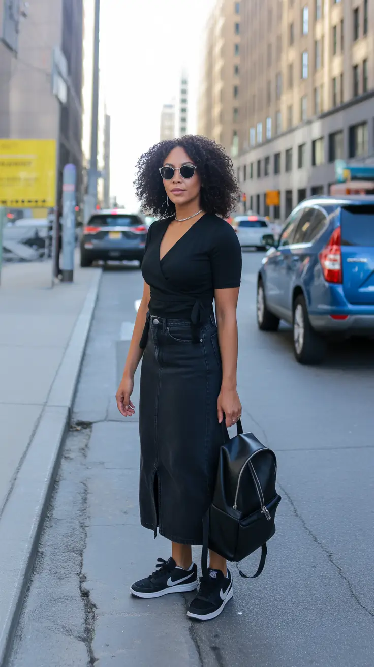 Skirt outfit ideas 2026 - City Sneakers And A Sleek Denim Midi Moment