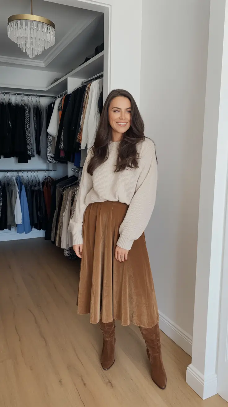 Skirt outfit ideas 2026 - Cream Sweater And A Warm Brown Midi For Soft Winter Chic