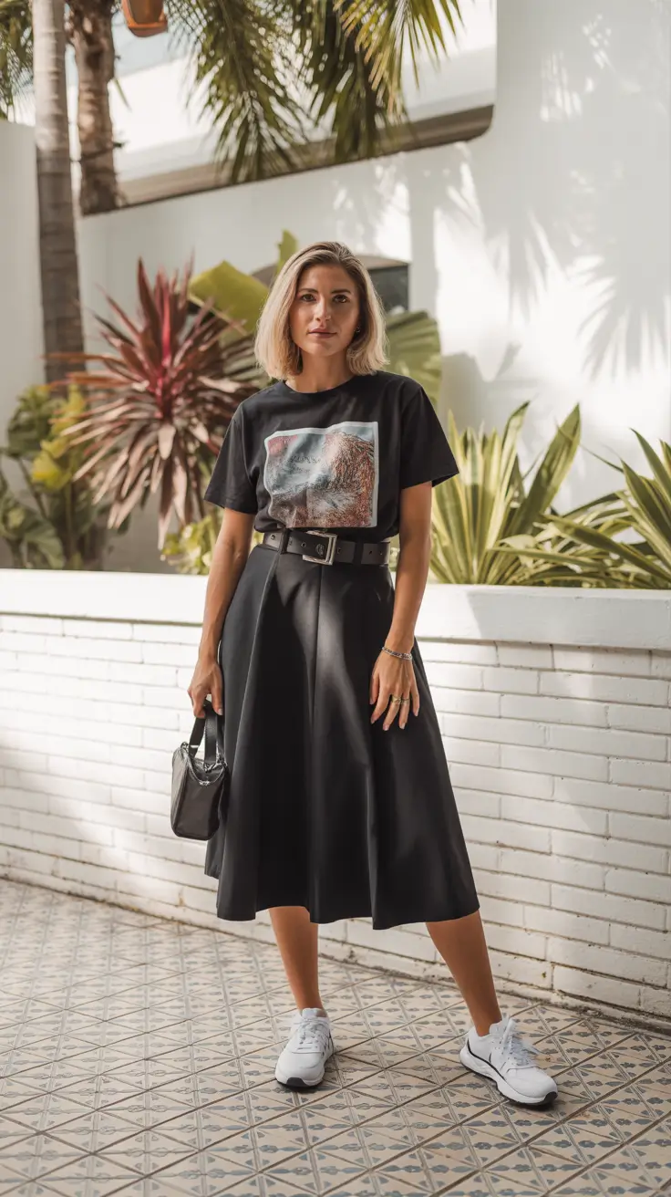 Skirt outfit ideas 2026 - Graphic Tee With A Black Midi Skirt And Clean Sneakers