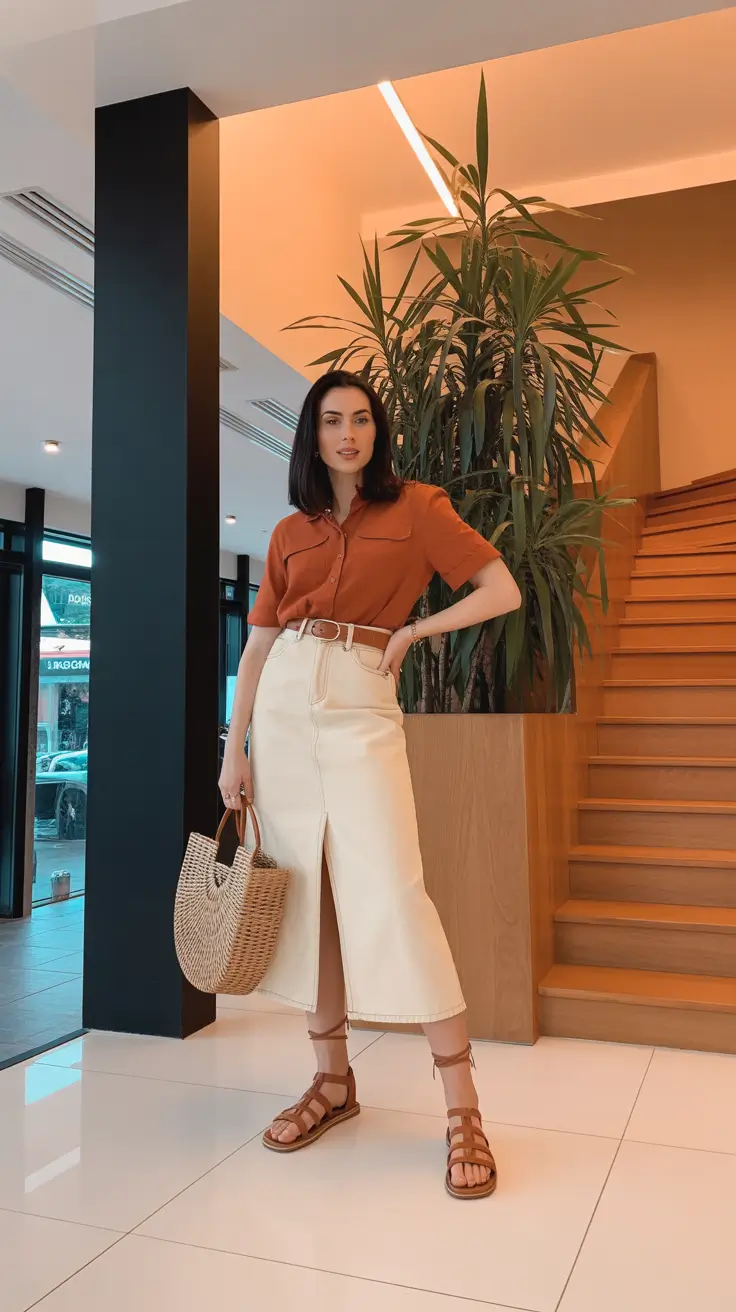Skirt outfit ideas 2026 - Rust Shirt With White Denim Midi And Gladiator Sandals