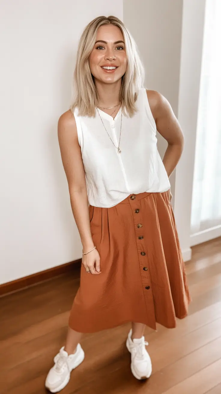 Skirt outfit ideas 2026 - White Sleeveless Blouse With Button Front Cinnamon Midi