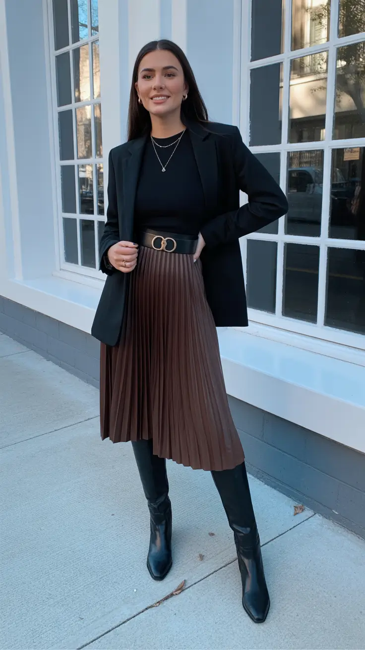 Skirt outfit ideas 2026 - Chocolate Pleats With A Power Blazer Twist