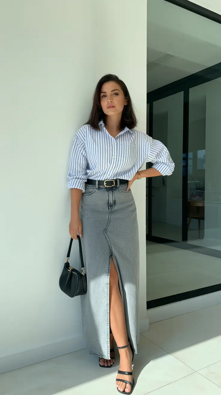 Skirt outfit ideas 2026 - Striped Shirt With Gray Denim Maxi And A Clean Slit