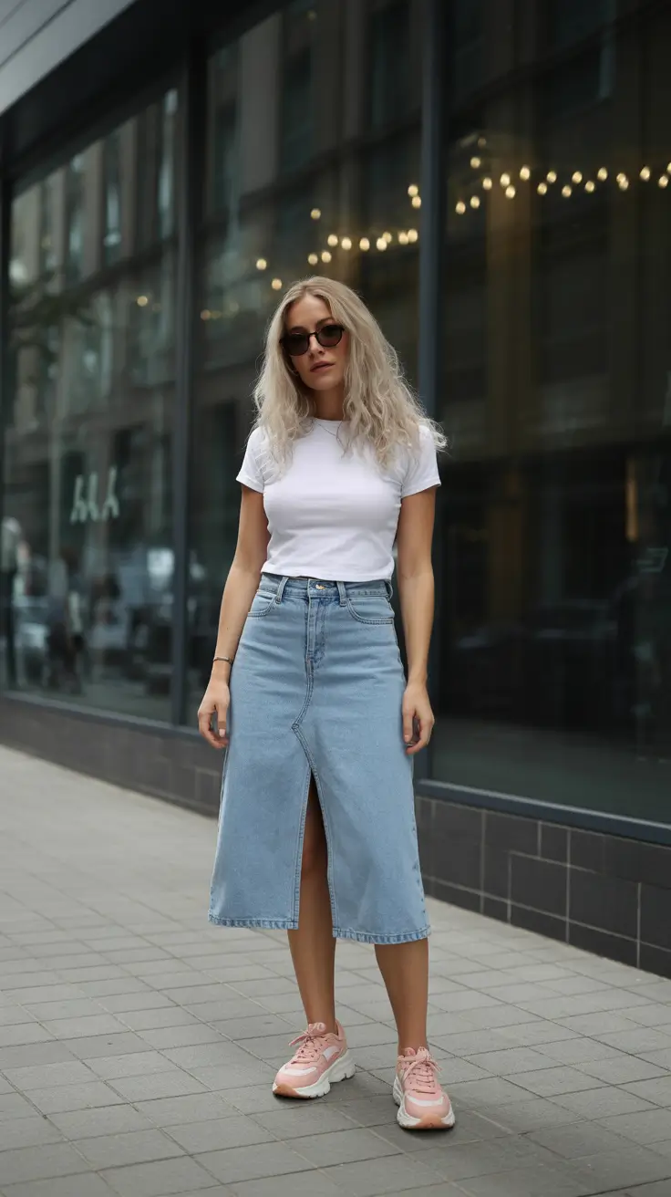 Skirt outfit ideas 2026 - White Tee With Blue Denim Midi And Pink Sneakers