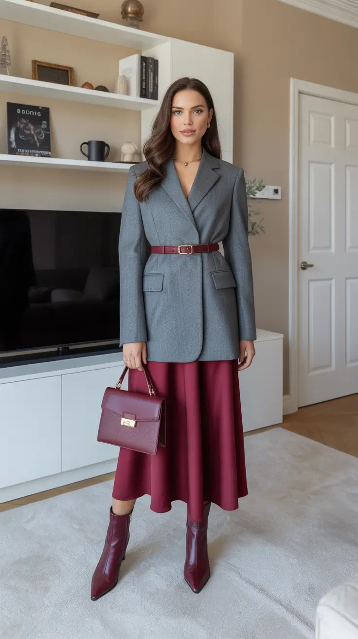 Skirt outfit ideas 2026 - Belted Blazer With A Rich Satin Skirt Glow