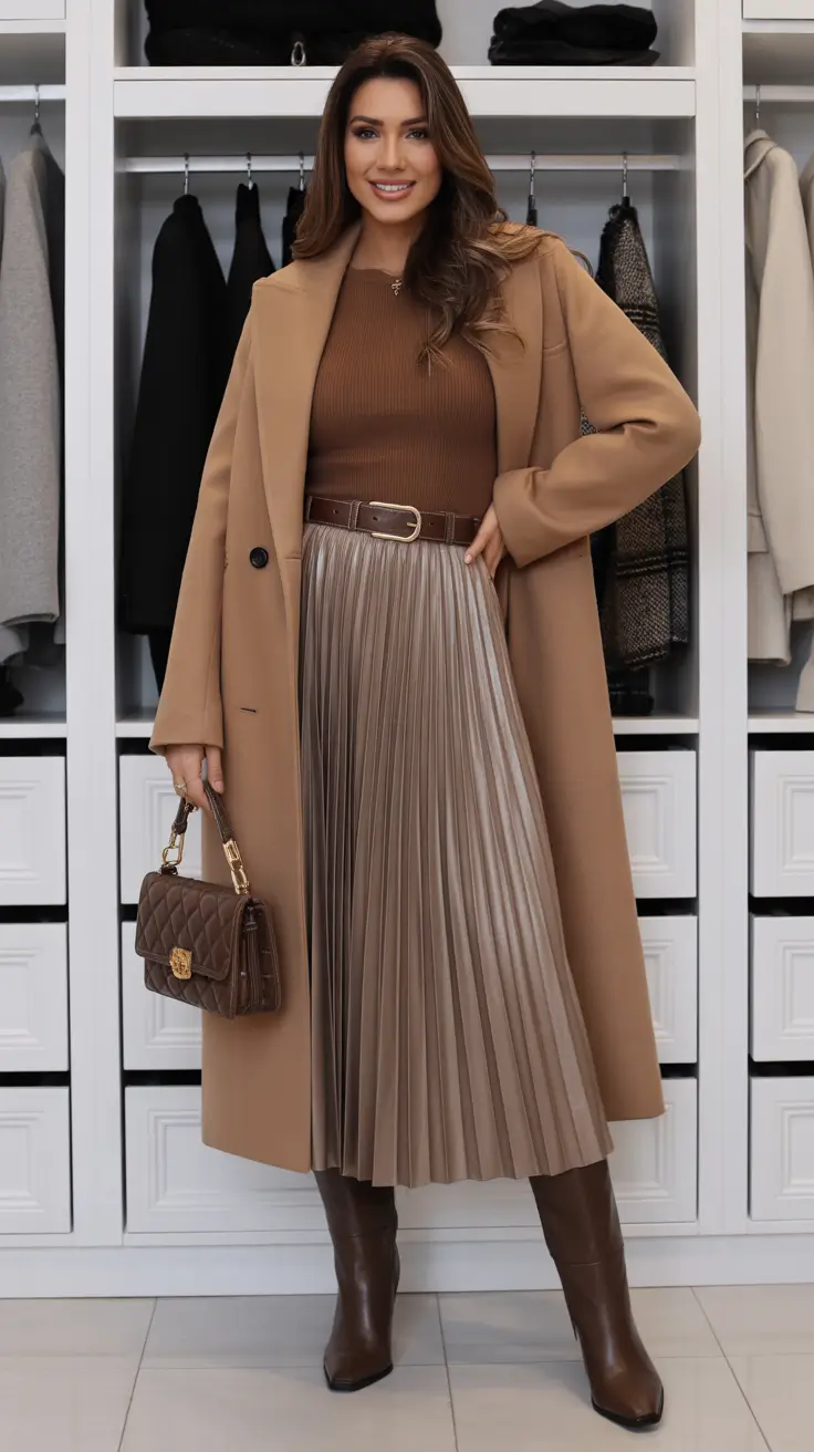 Skirt outfit ideas 2026 - Camel Coat And Pleated Midi For Elevated Everyday Glam