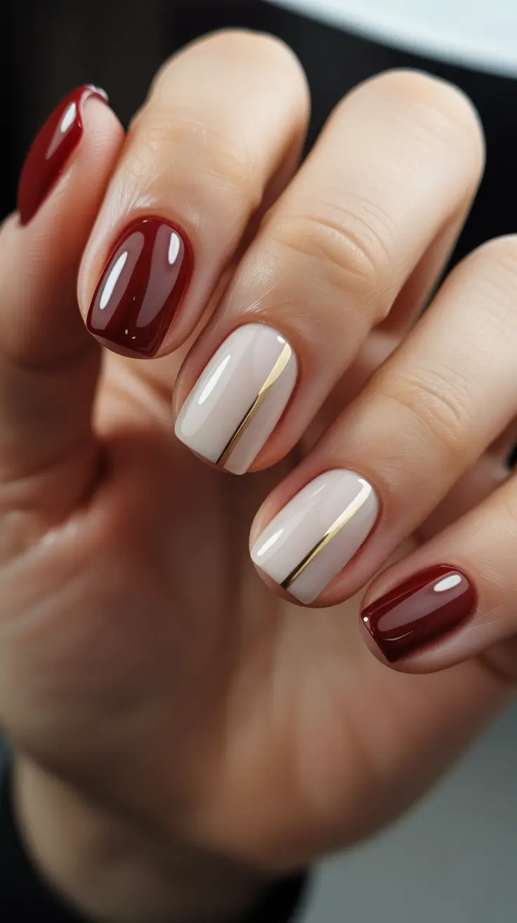 square nails trend 2026 Chic Red And Nude With Gold Stripe