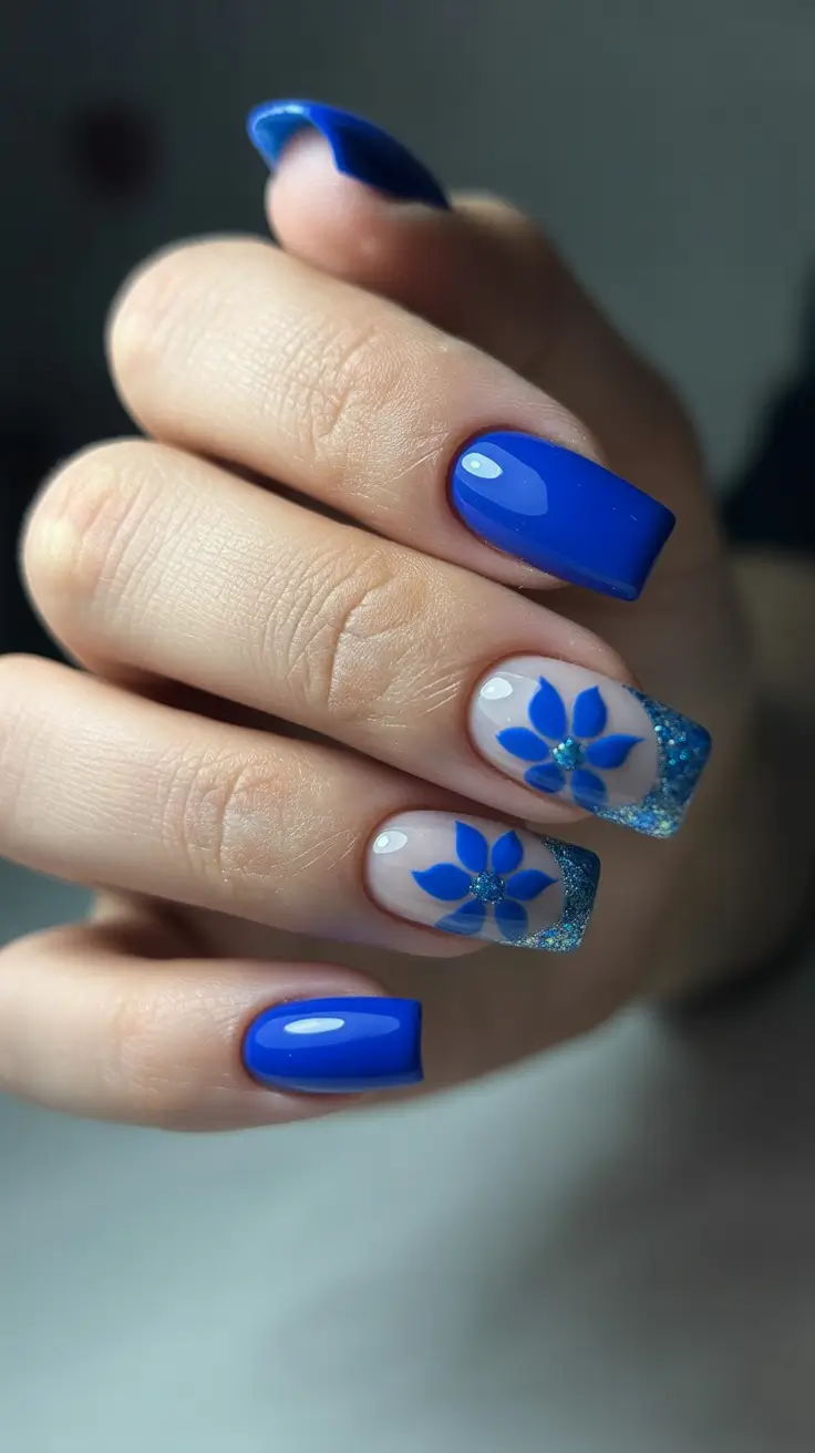 square nails trend 2026 Electric Blue Floral French Square Nails