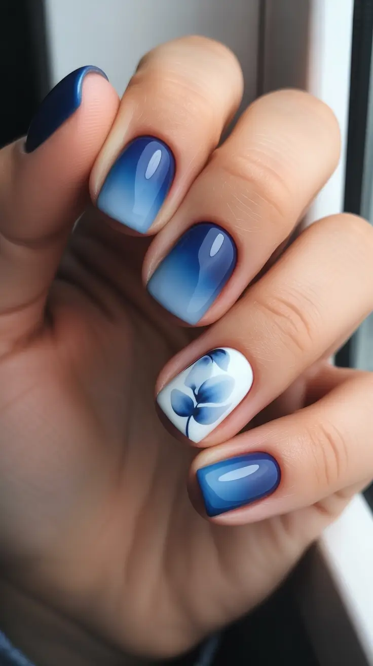 square nails trend 2026 Blue Gradient Floral Statement Squares