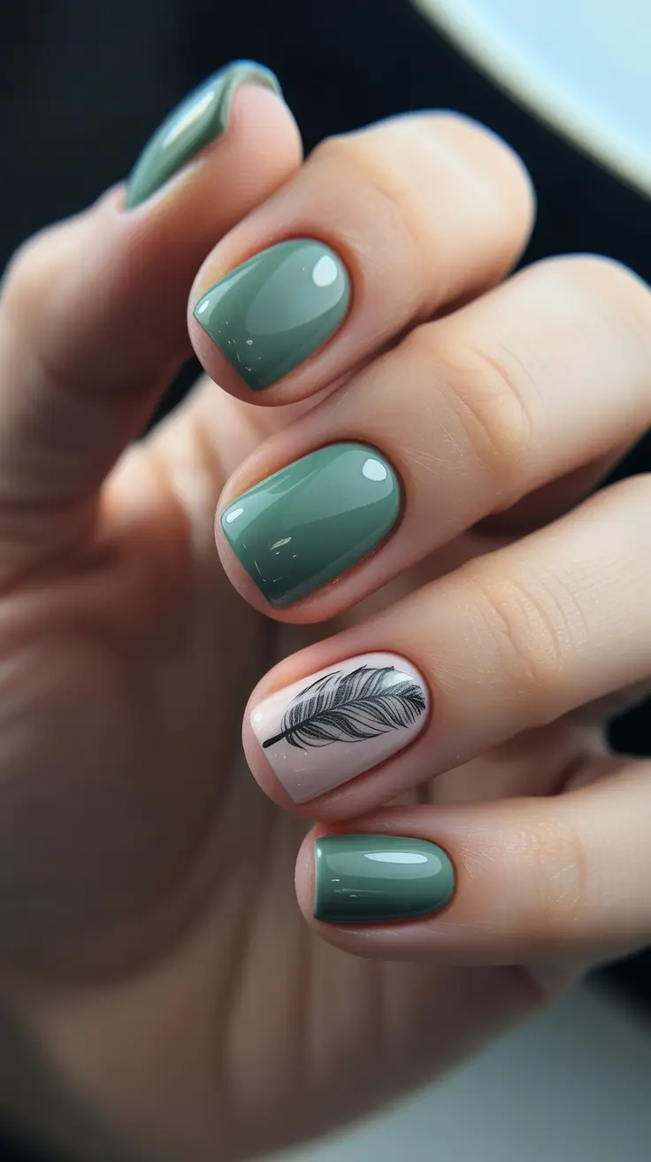 square nails trend 2026 Sage Square Nails With Feather Accent