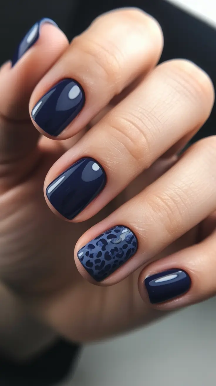 square nails trend 2026 Navy Leopard Accent Short Squares