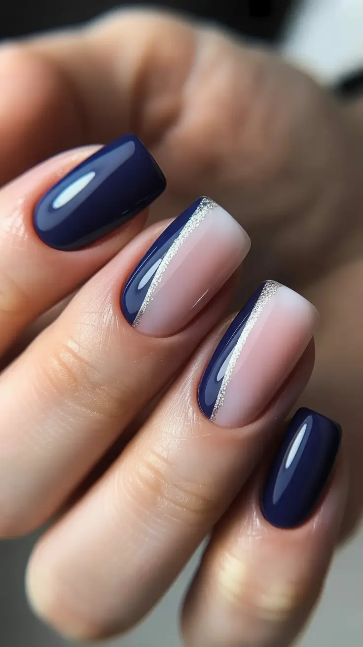 square nails trend 2026 Diagonal Navy French Stripe Squares