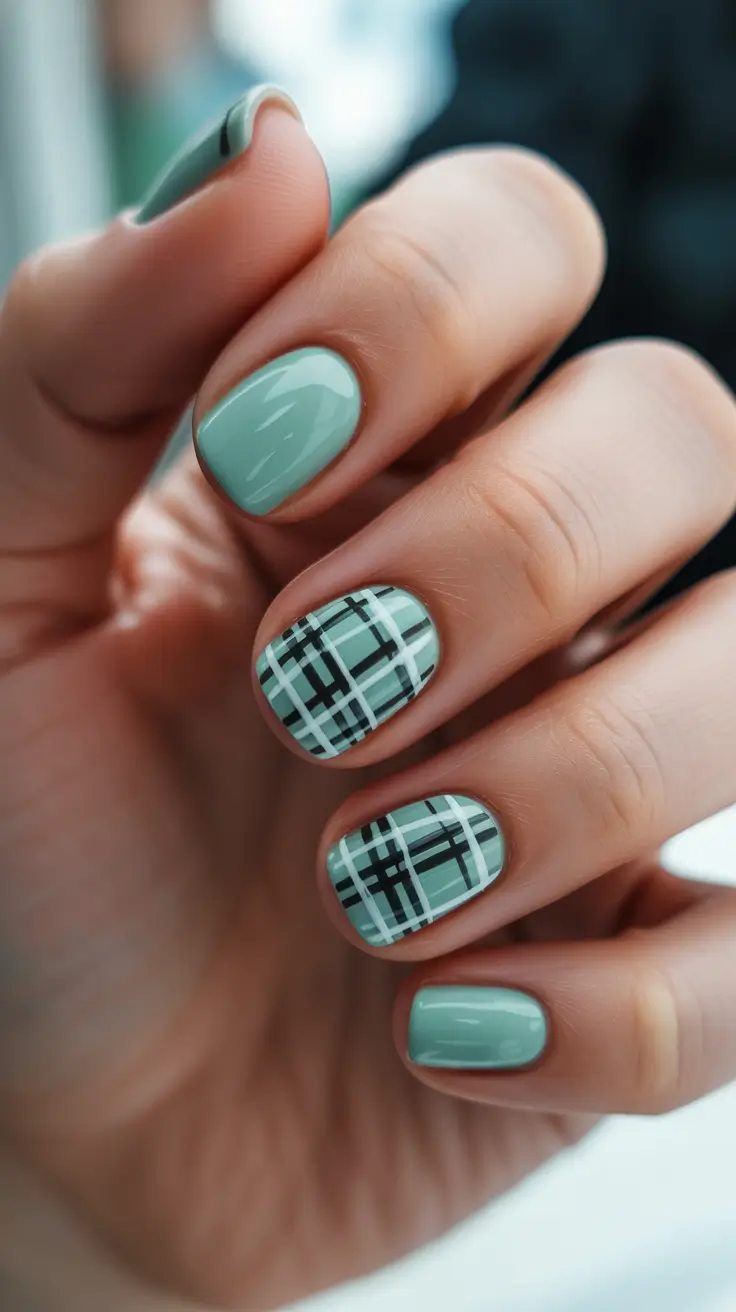 square nails trend 2026 Mint Plaid Square Nails