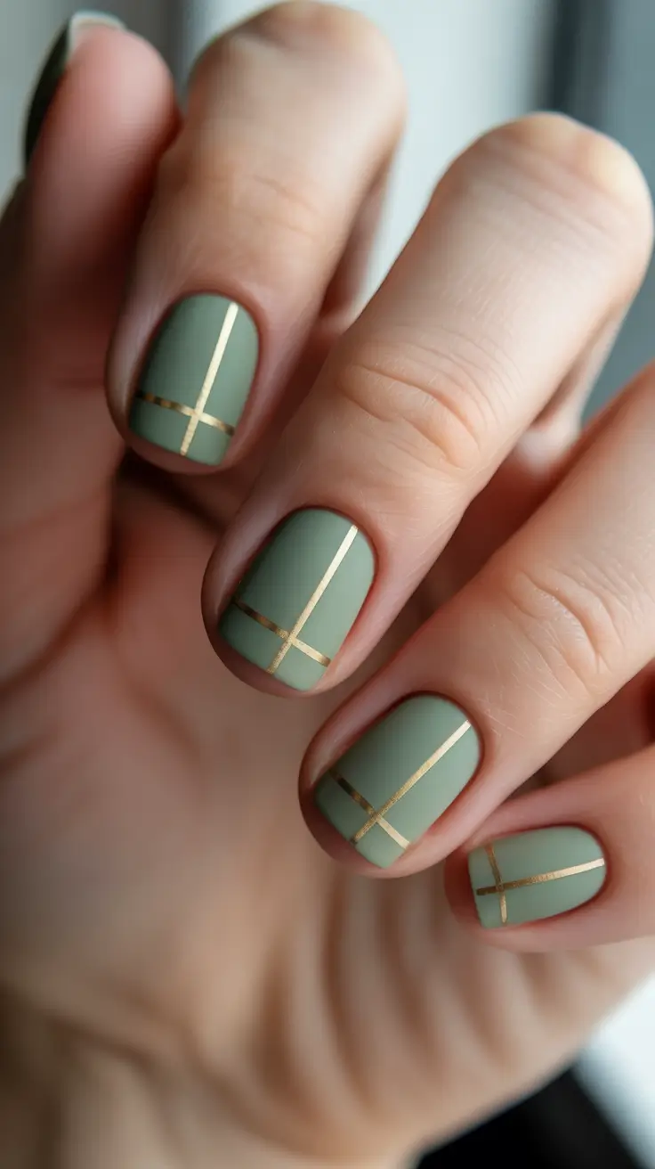 square nails trend 2026 Matte Sage Square Nails With Gold Lines