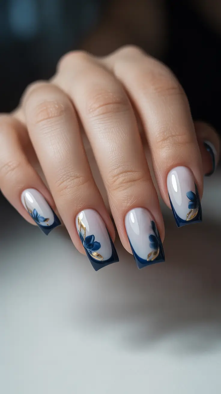 square nails trend 2026 Navy Floral Square French