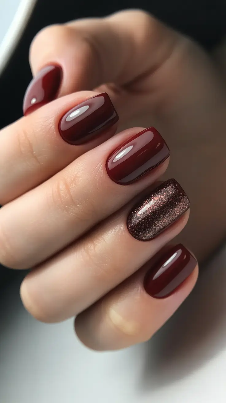 square nails trend 2026 Deep Ruby Glitter Accent Squares