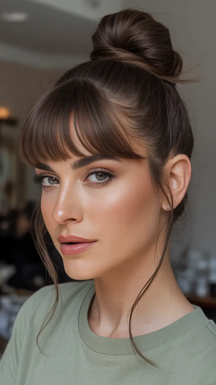 Stylish straight hair looks 2026 Top Knot Updo With Airy Fringe