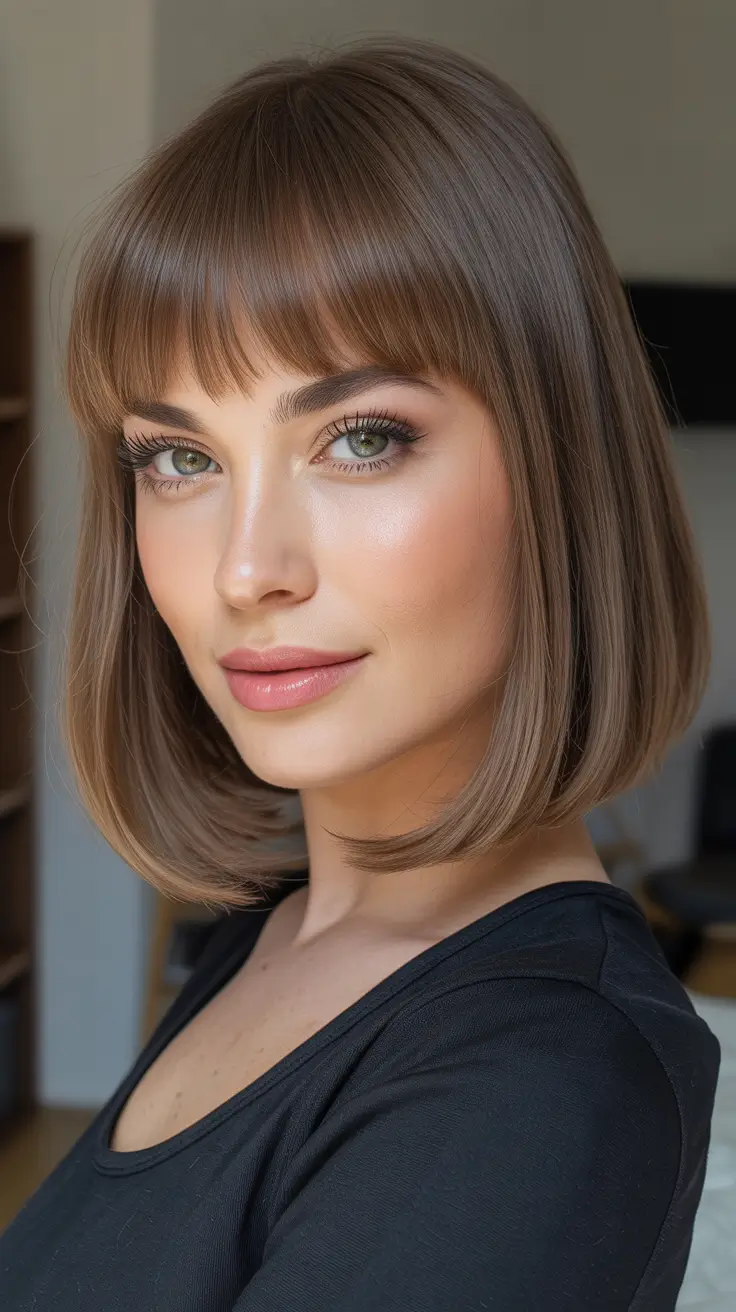 Stylish straight hair looks 2026 French Bob With Soft Full Bangs