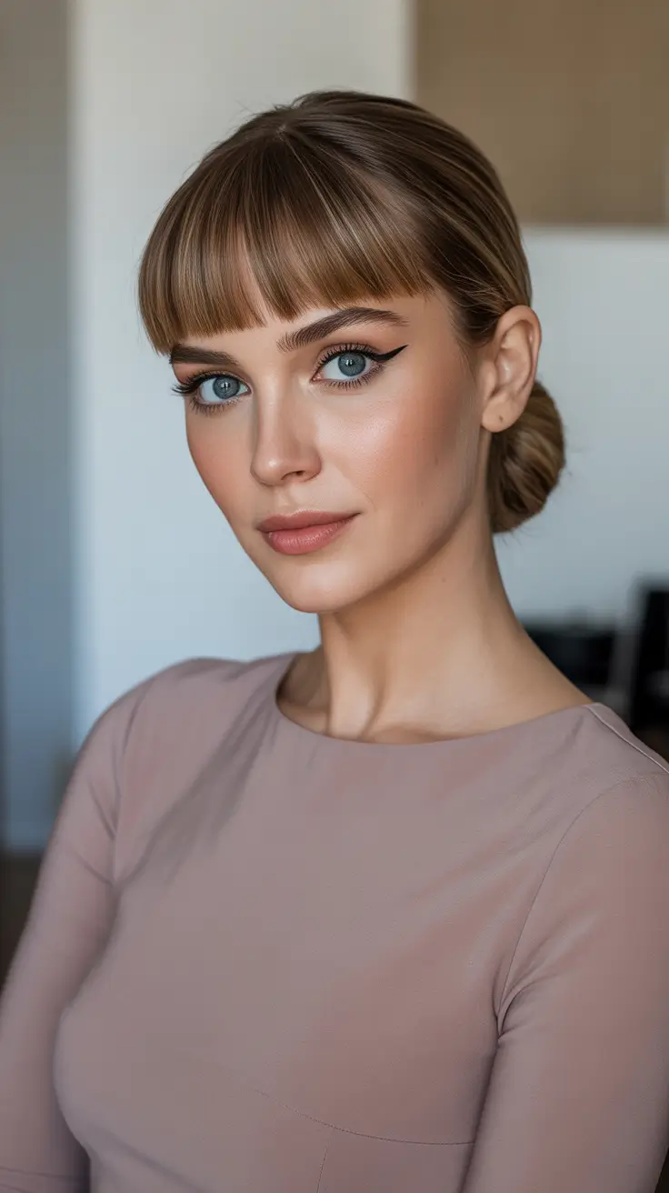 Stylish straight hair looks 2026 Low Bun With Micro Bangs And Clean Lines