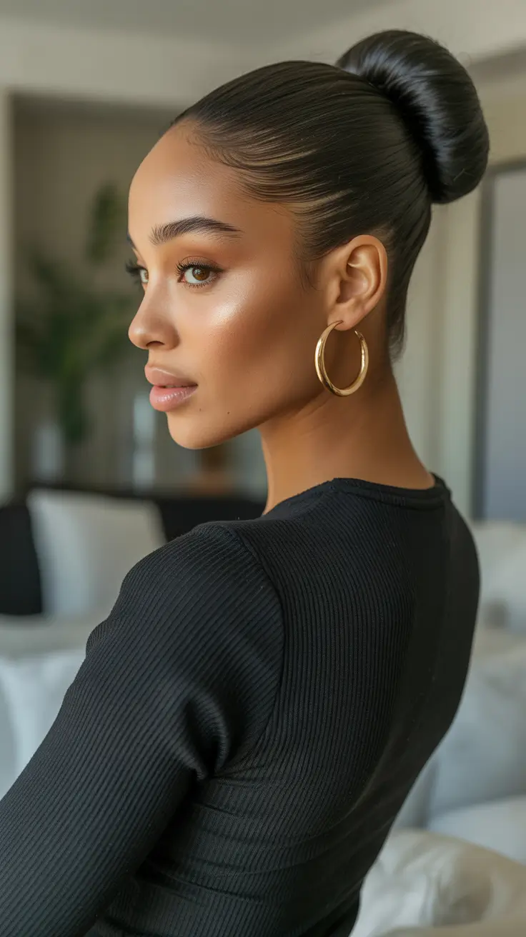 Stylish straight hair looks 2026 Glossy High Bun For Natural Hair Glam