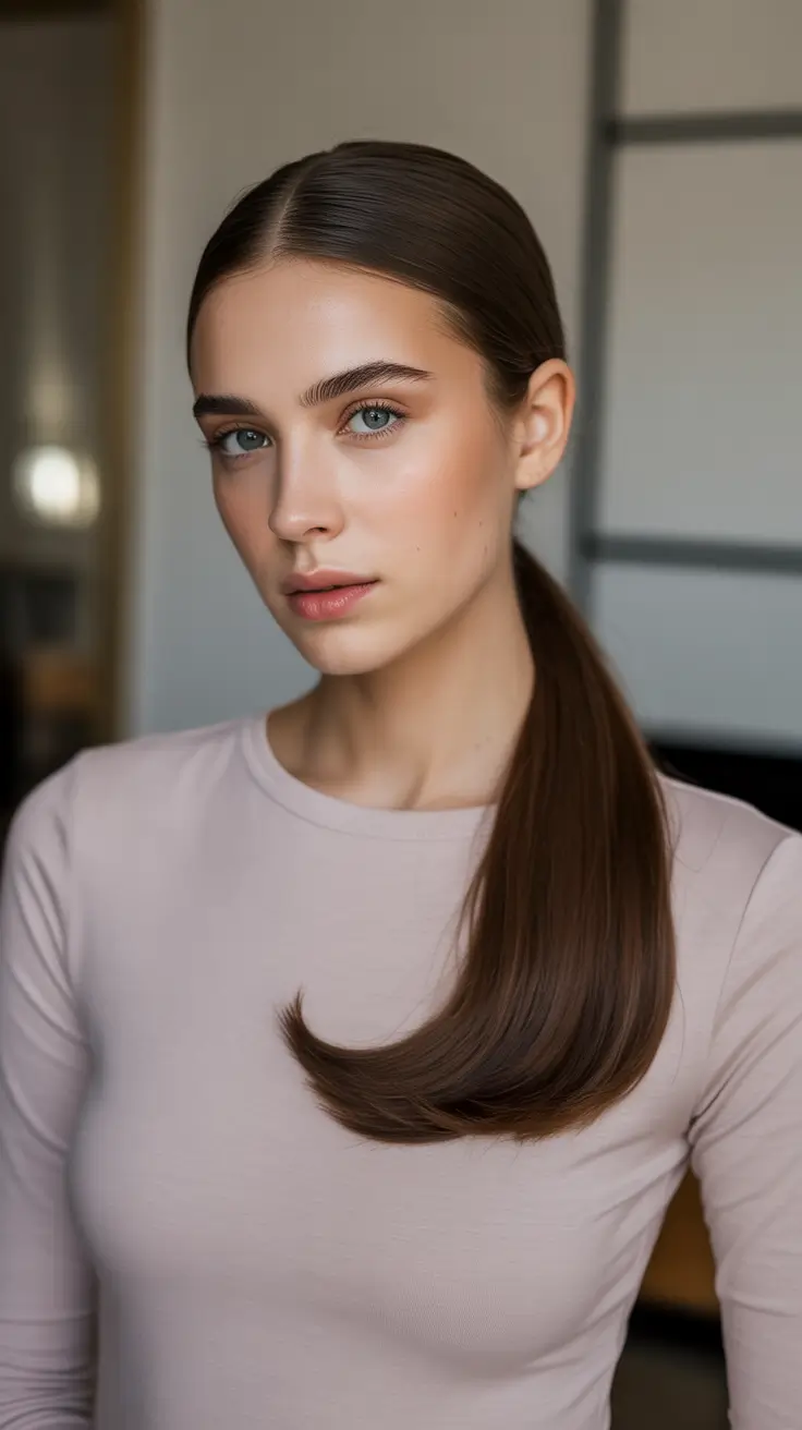 Stylish straight hair looks 2026 Minimal Low Ponytail With Long Straight Length