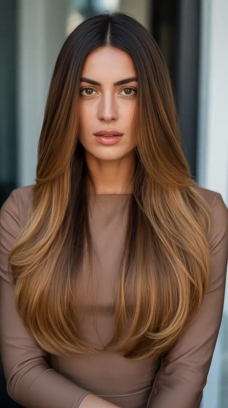 Stylish straight hair looks 2026 Glossy Center Part Blowout With Honeyed Ends
