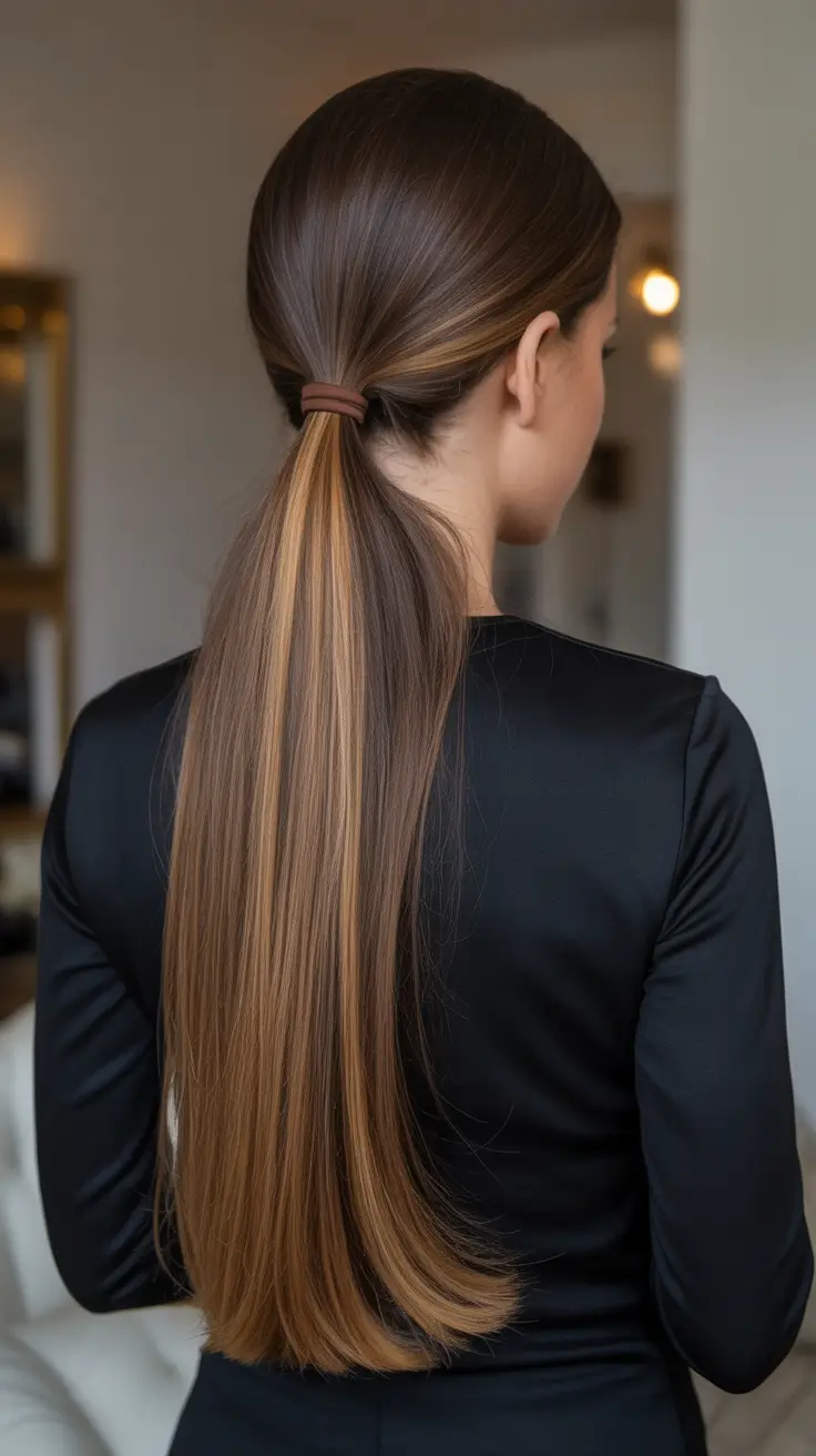 Stylish straight hair looks 2026 Low Sleek Ponytail With Contrast Ribbon Highlight