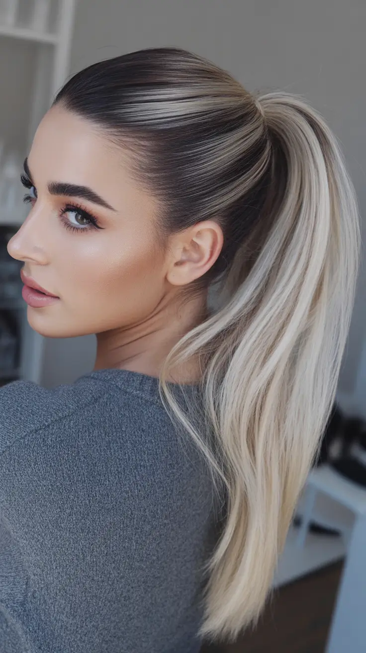 Stylish straight hair looks 2026 High Ponytail With Platinum Length And Shadow Root