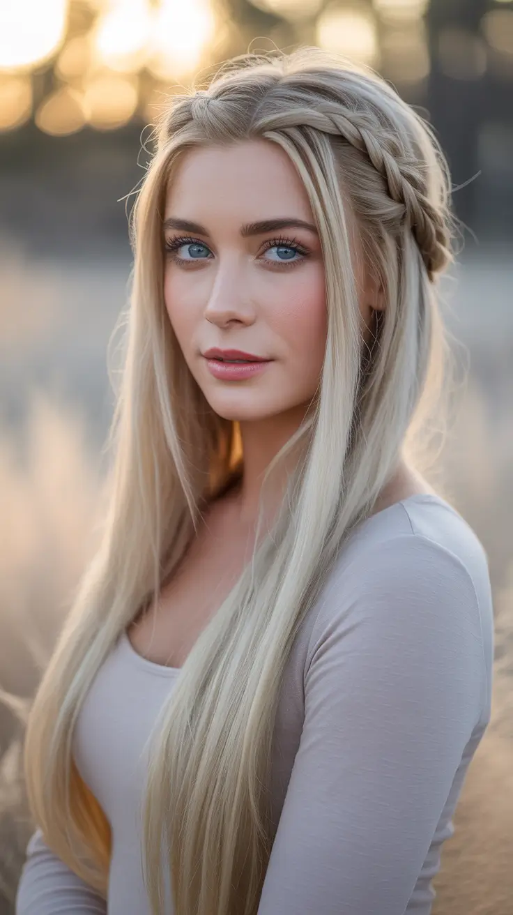 Stylish straight hair looks 2026 Romantic Braided Crown On Long Straight Hair