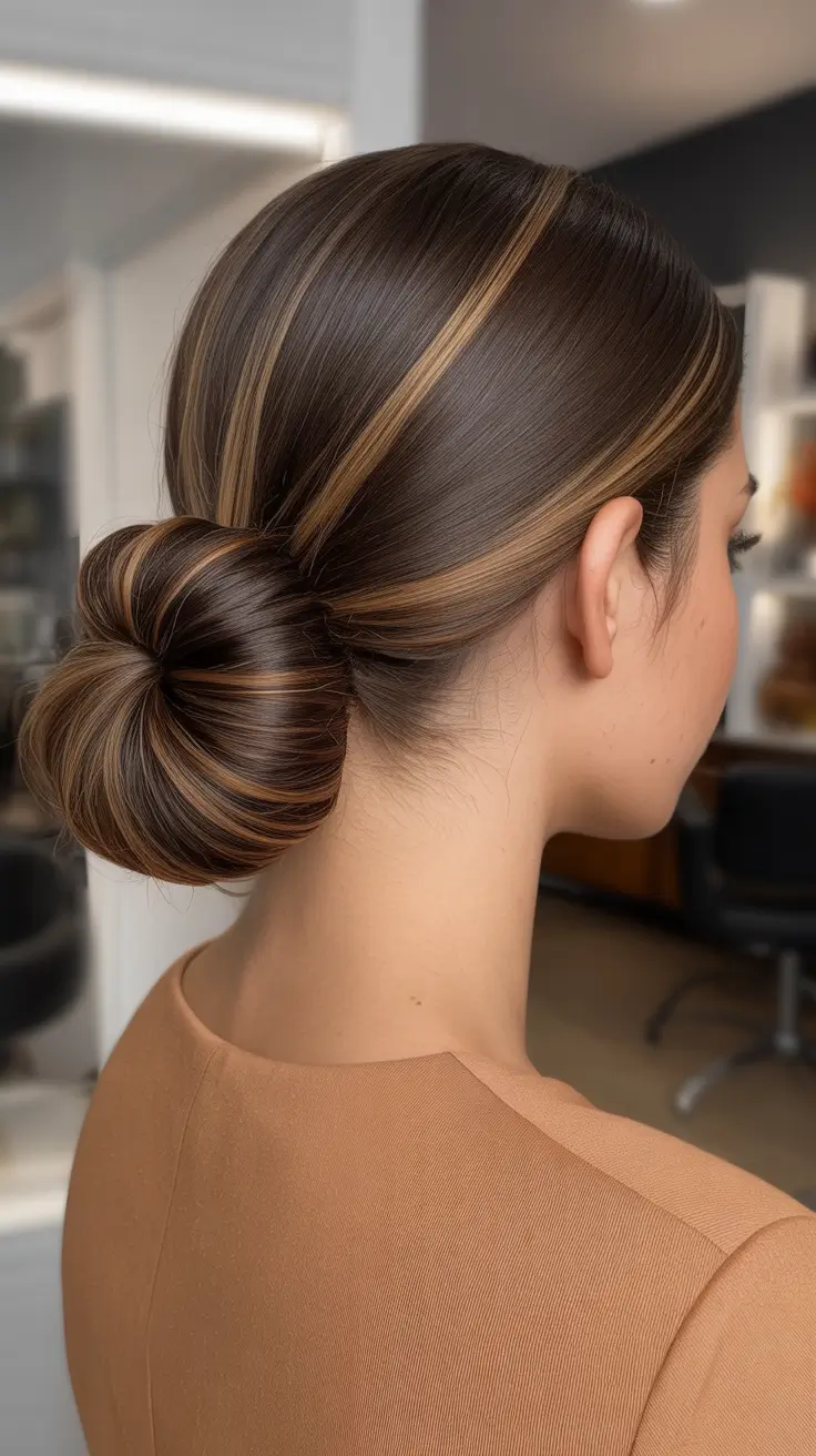 Stylish straight hair looks 2026 Sleek Low Bun With Caramel Ribbons