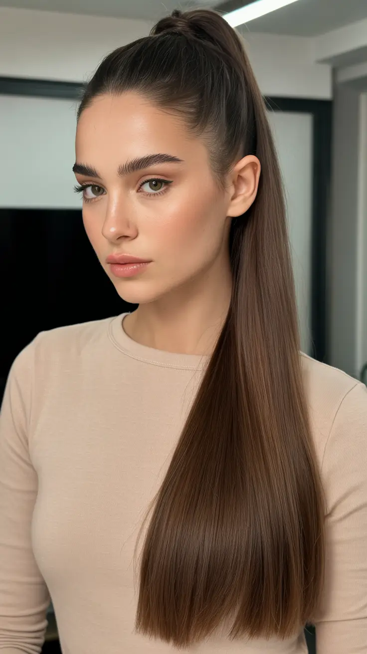 Stylish straight hair looks 2026 High Ponytail With Clean Runway Length